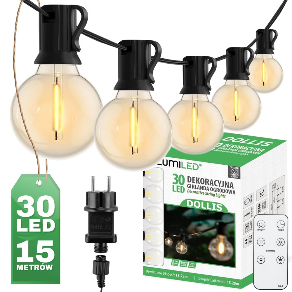 Záhrada Girland Vonkajšie osvetlenie Reťaz 15,2 m 30x LED okrasné korálky 3000K + diaľkové ovládanie DOLLIS LUMILED