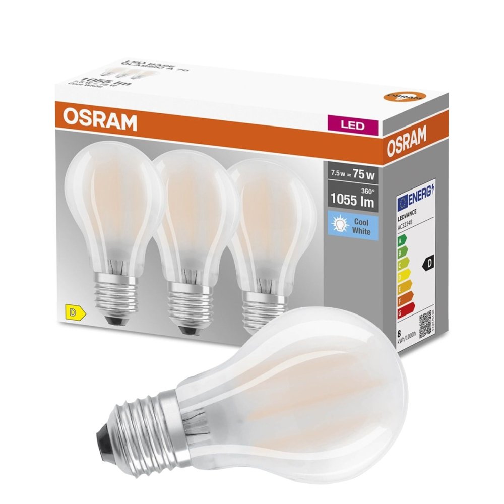 E-shop 3PAK LED žiarovka E27 A60 7,5W = 75W 1055lm 4000K Neutrálne 300° vlákno OSRAM BASE
