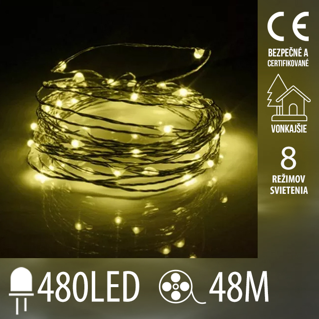 Vianočná led svetelná mikro reťaz vonkajšia + programator + diaľkové ovládanie - 480ed - 48m teplá biela