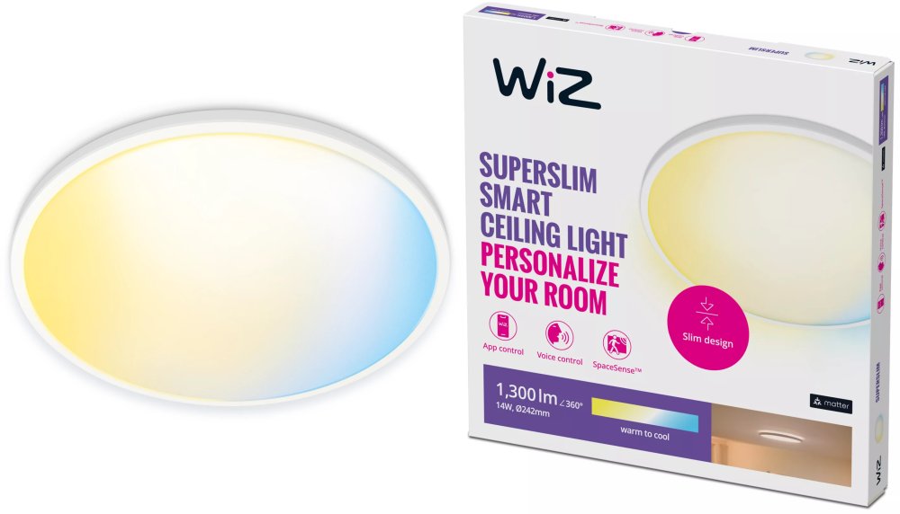 LED stropné svietidlo na povrch 14W 1300lm 2700-6500K TW 24,2cm biele okrúhle Smart SMART WiFi Bluetooth aplikácia Superslim WiZ