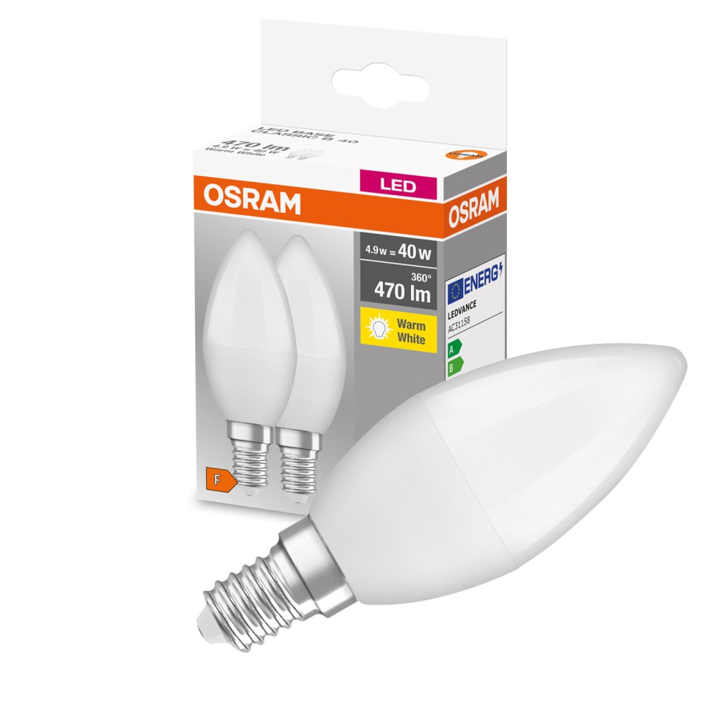 2x LED žiarovka B37 Candle E14 4,9W = 40W 470lm 2700K Warm 200° BASE Osram