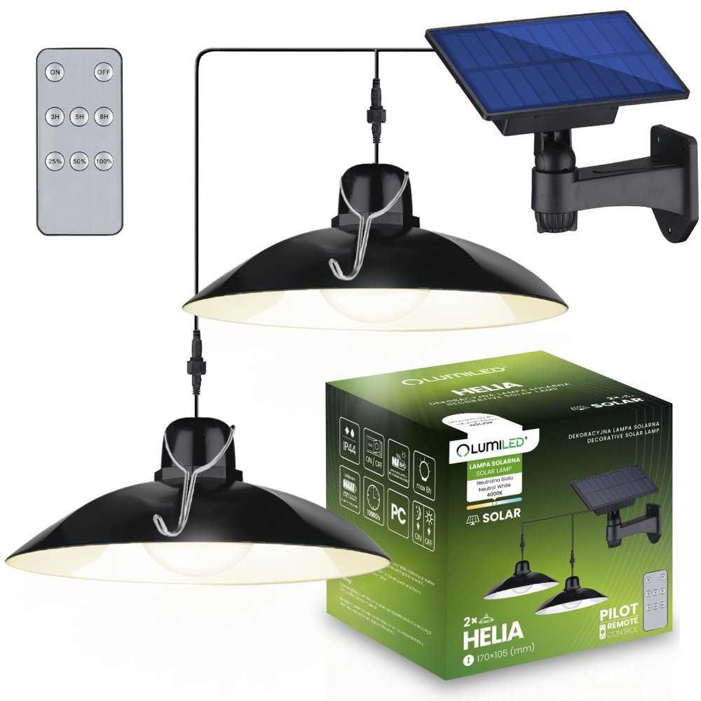 2x HELIA Solárny LED luster Záhradný prívesok Stropný senzor Panel diaľkového ovládania LUMILED