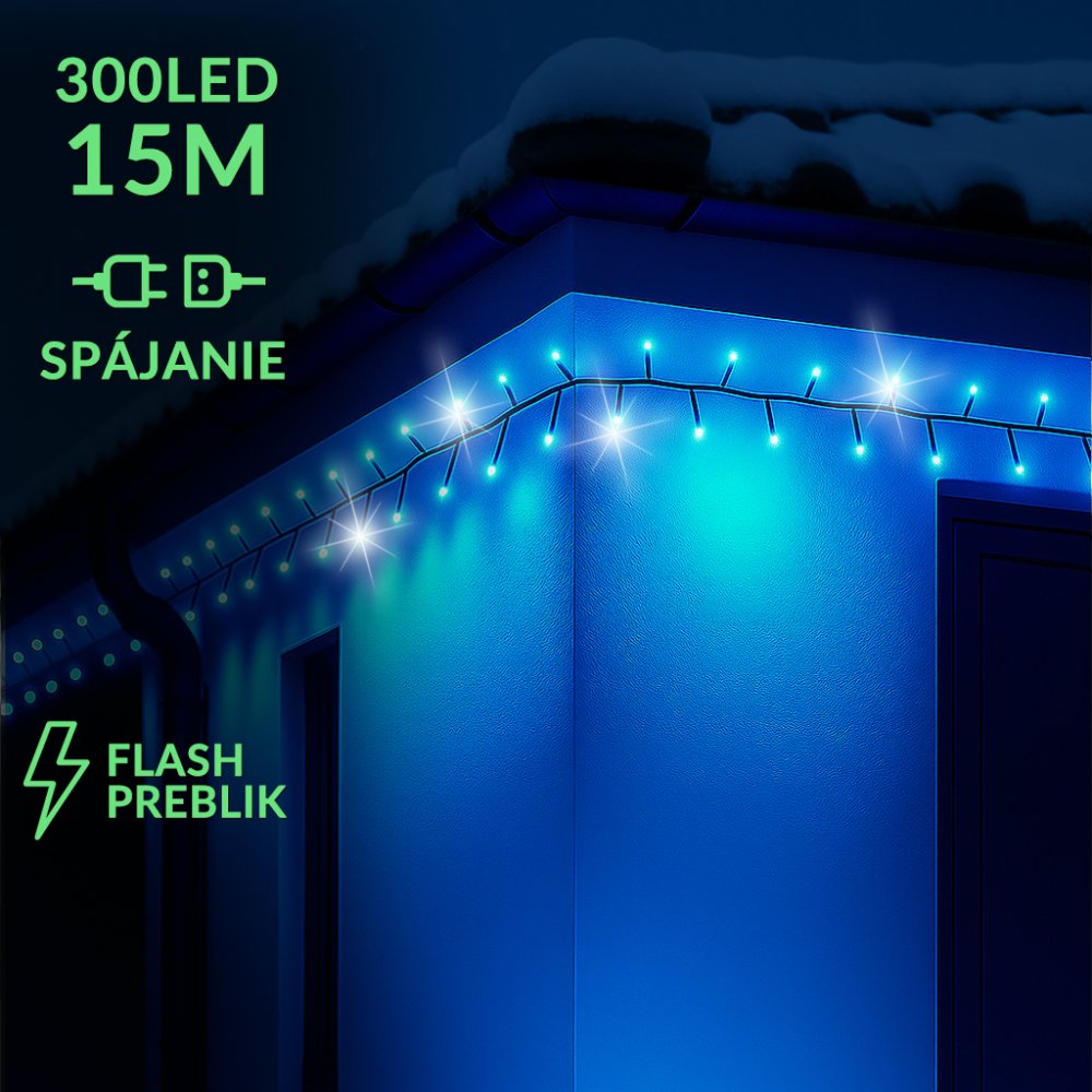 Vianočná led svetelná reťaz vonkajšia FLASH - na spájanie - 300led - 15m - modrá / studená biela