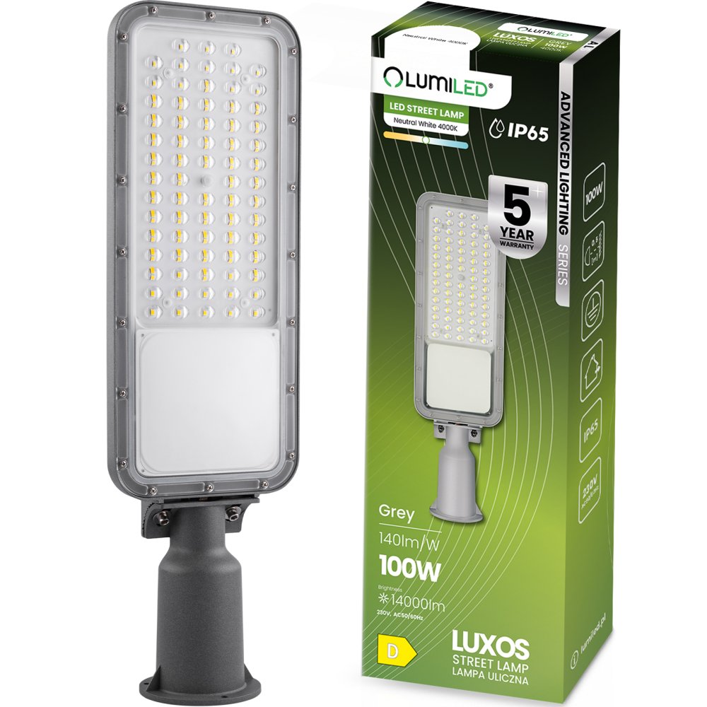 E-shop Pouličná LED lampa LUXOS priemyselné cestné svietidlo 100W 14000lm 4000K IP65 Advanced Lighting Series LUMILED