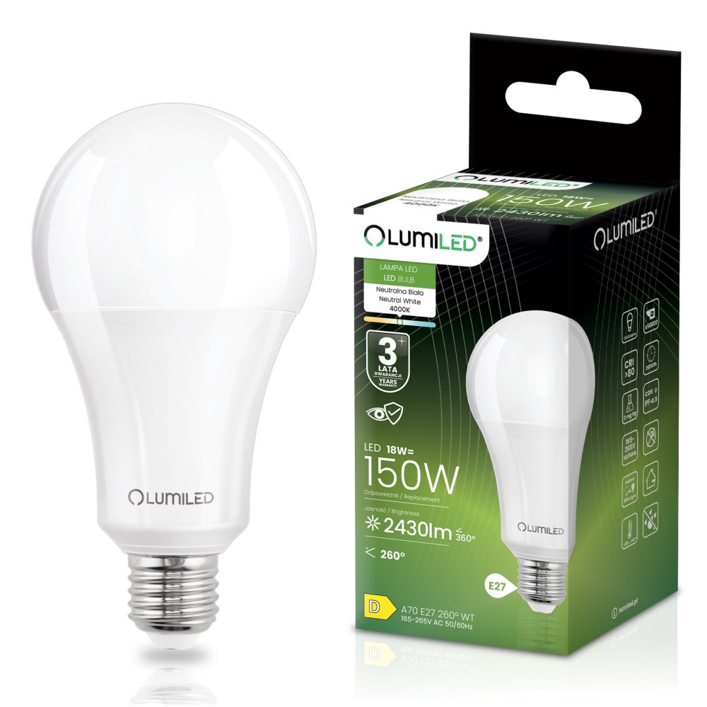 LED žiarovka E27 A70 18W = 150W 2430lm 4000K neutrálna 260° LUMILED