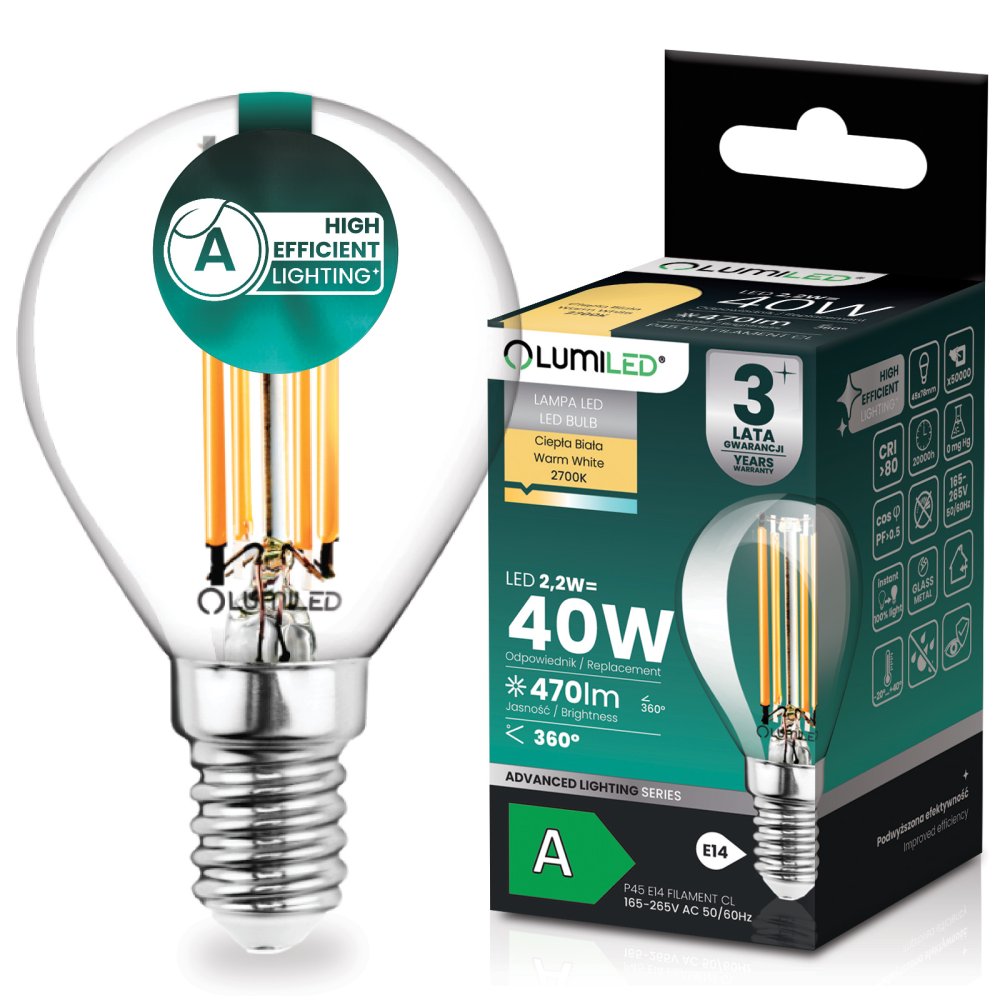 E-shop LED žiarovka E14 guľa P45 2, 2W 470lm = 40W 2700K teplá 360° filament KLASA A LUMILED