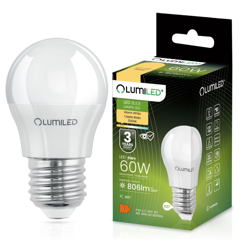 LED žiarovka E27 P40 8W = 60W 806lm 3000K Warm 180° LUMILED