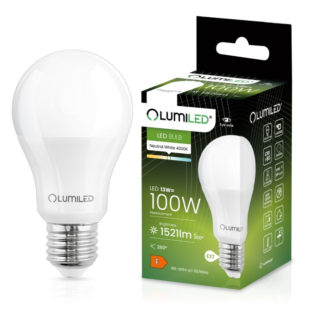 LED žiarovka E27 A60 13W = 100W 1521lm 4000K Neutrálna 260° LUMILED