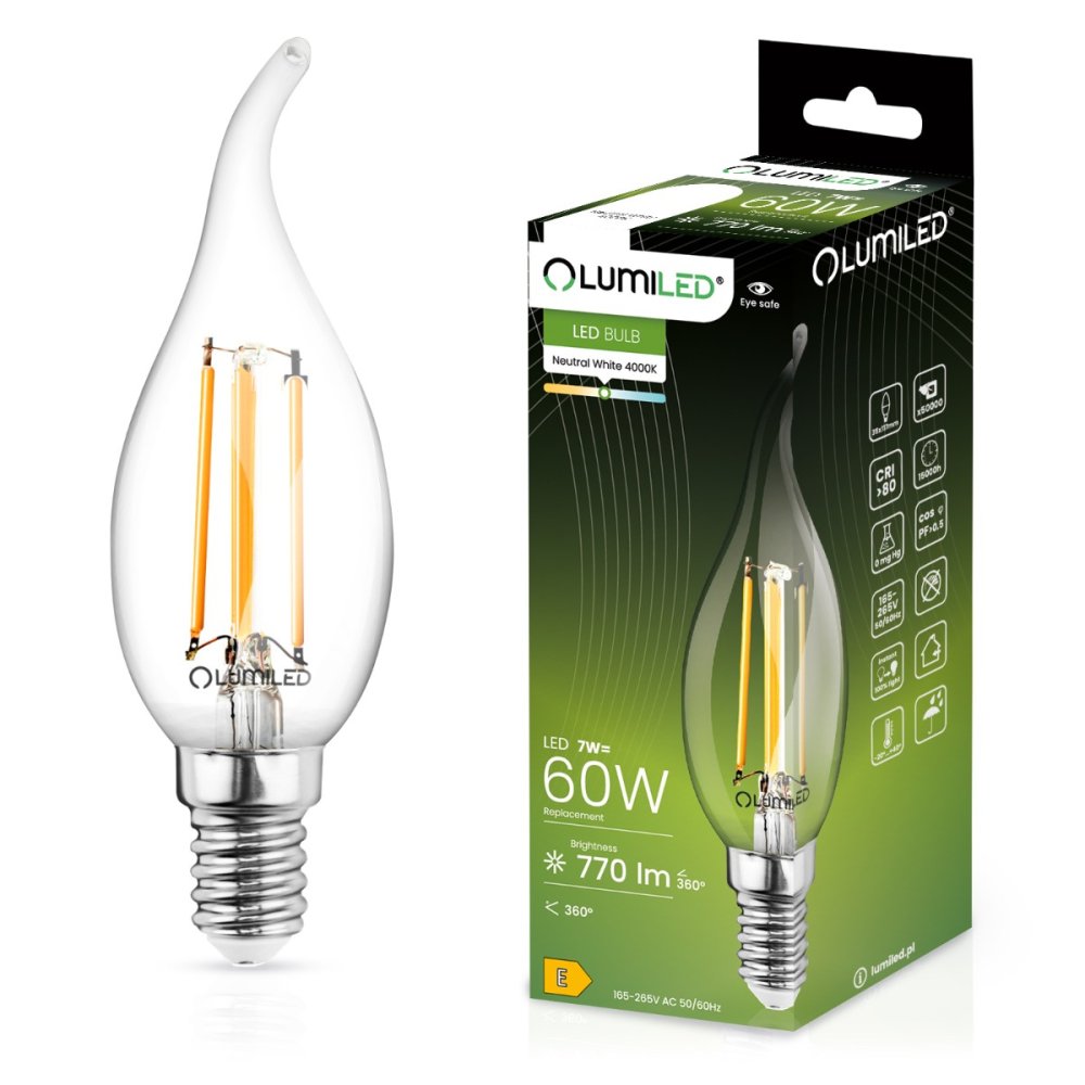 LED žiarovka Flame BA35 E14 7W 770lm 4000K Neutrálne 360° vlákno LUMILED