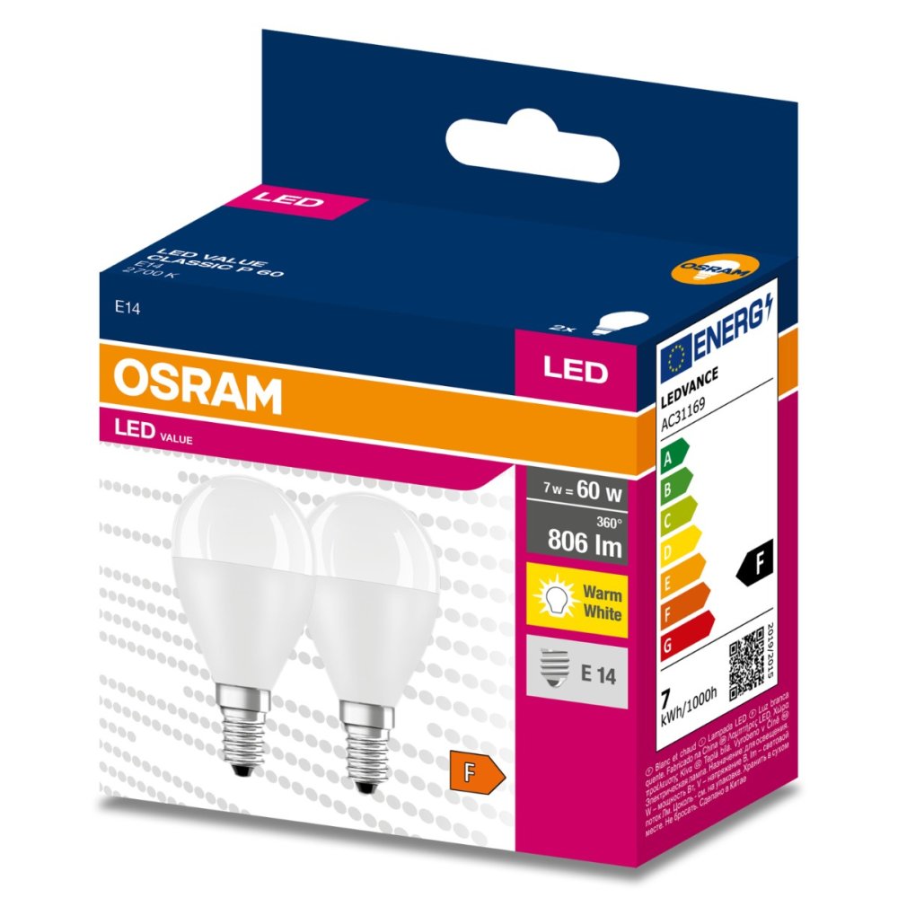 E-shop 2PAK LED žiarovka E14 P45 7W = 60W 806lm 2700K Warm 200° OSRAM VALUE