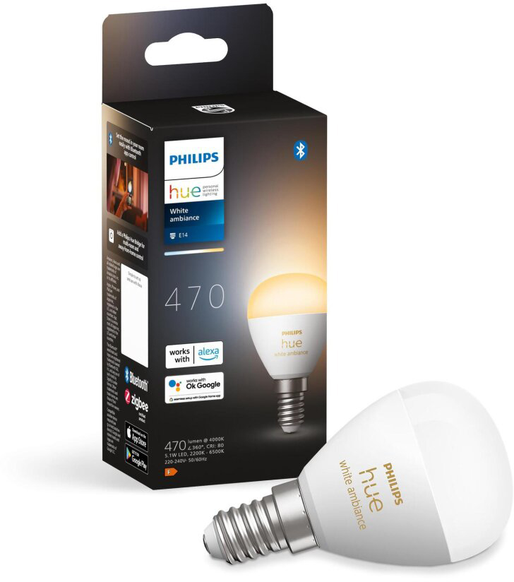 LED žiarovka E14 Ball P45 5,1W = 40W 470lm 2200-6500K CCT SMART Smart Bluetooth ZigBee White Ambiance Philips HUE