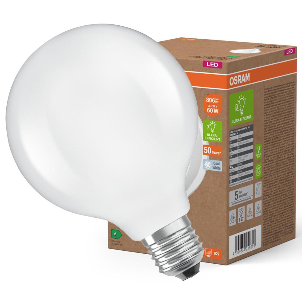 LED žiarovka G95 Sphere E27 3,8W = 60W 806lm 4000K Neutrálne 300° vlákno CLASSIC ENERGETICKÁ ÚČINNOSŤ Osram