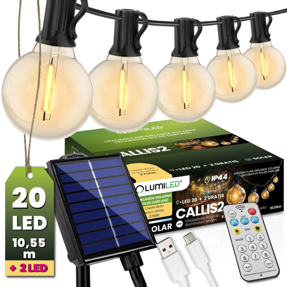 Solárna záhrada Girland 20x LED okrasné gule 10,55 m 2700K Warm + diaľkové ovládanie CALLIS2 LUMILED