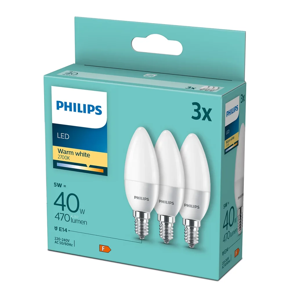 3x LED žiarovka E14 Candle B35 4,9W = 40W 470lm 2700K Warm Philips