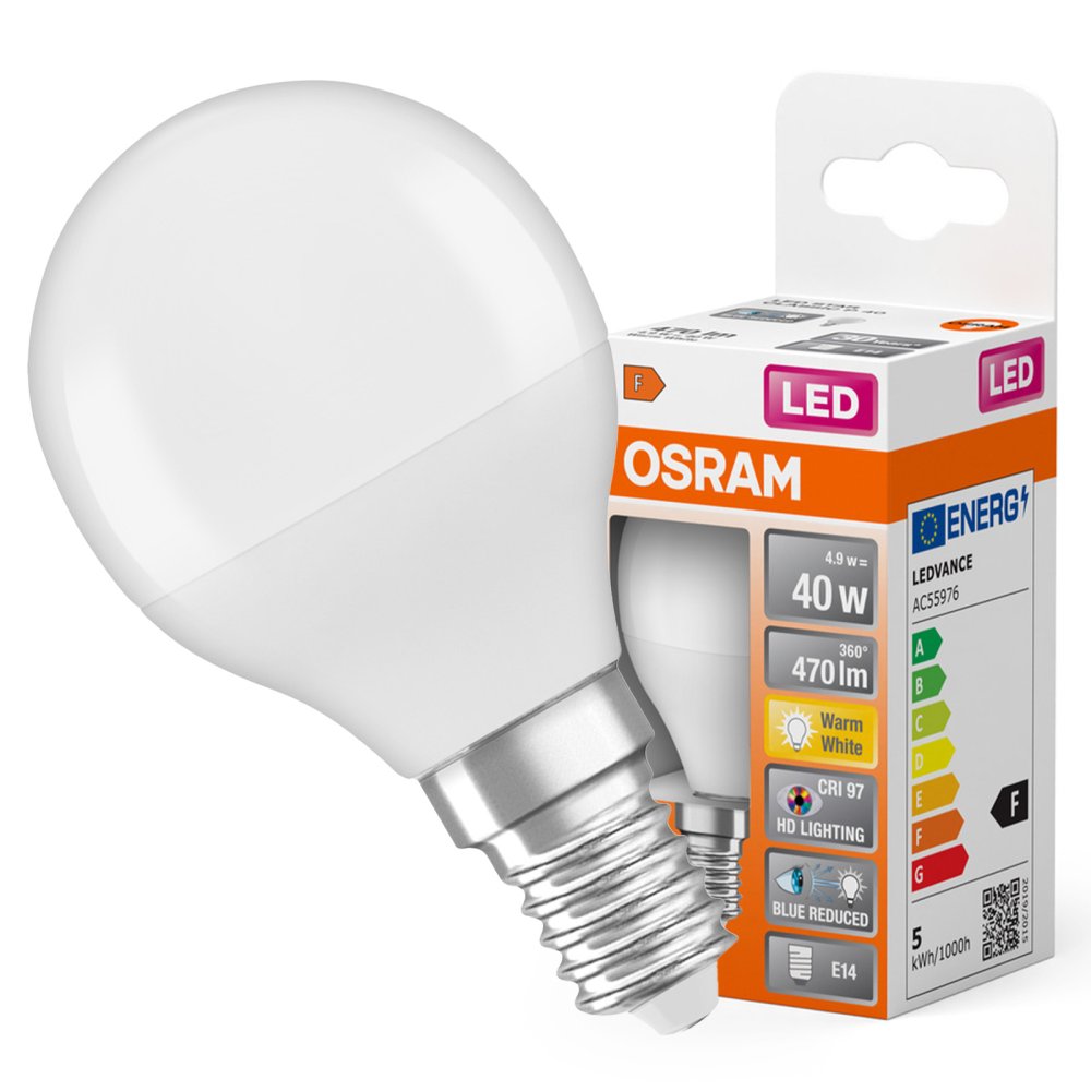 LED žiarovka P45 Ball E14 4,9W = 40W 470lm 2700K Warm CRI>97 180° CLASSIC Osram