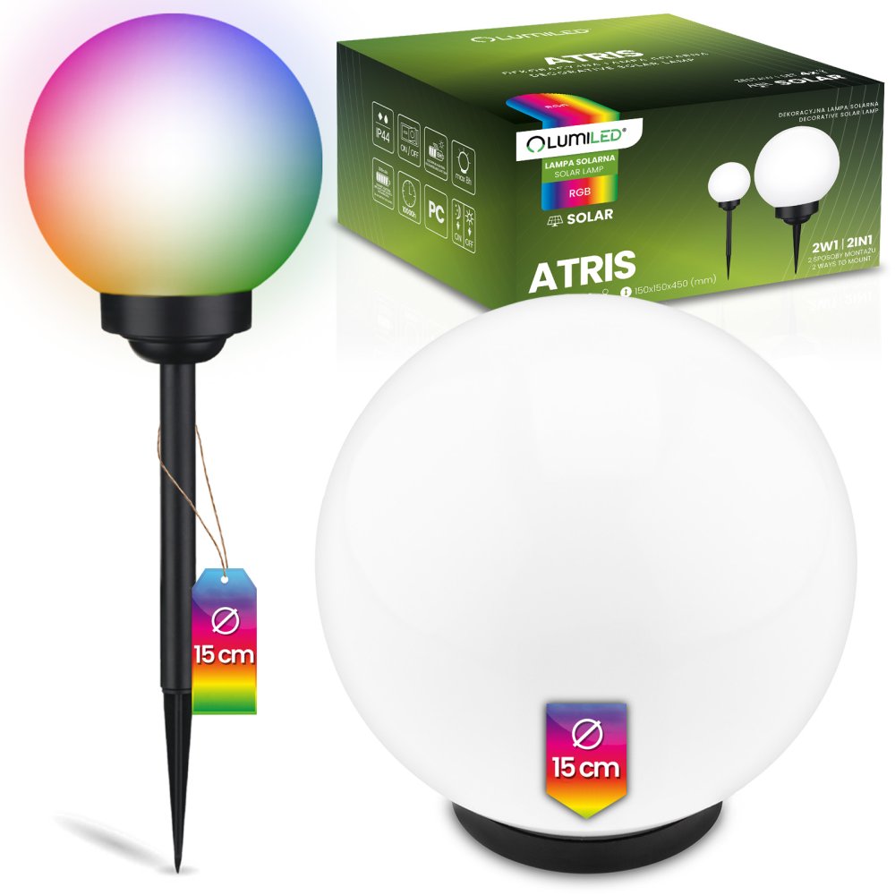E-shop Solárna záhradná LED lampa ATRIS zapichovacia zemná biela guľa 15cm RGB LUMILED