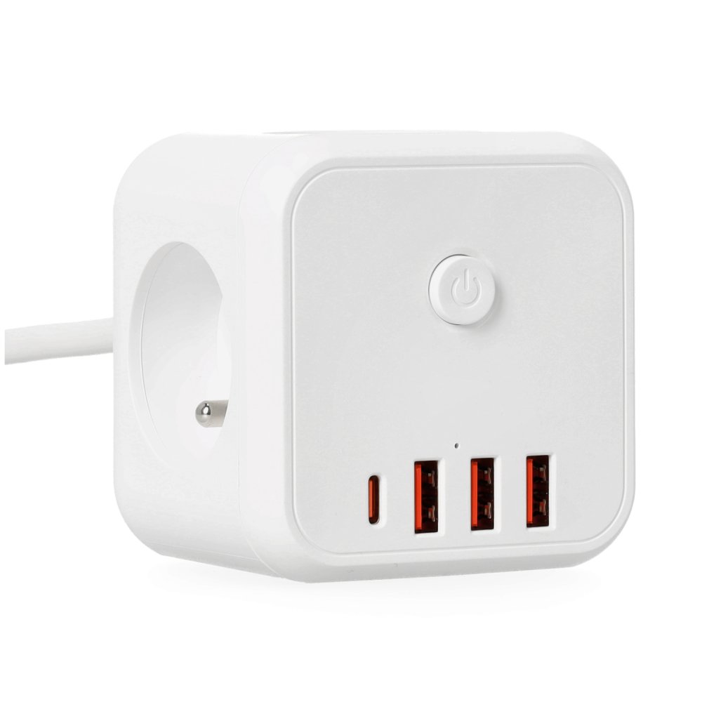 E-shop Sieťová predlžovacia šnúra 3× zásuvka s uzemnením 3× USB USB-C vypínač On/Off 1, 5m biela Linea Pro Cube Kobi