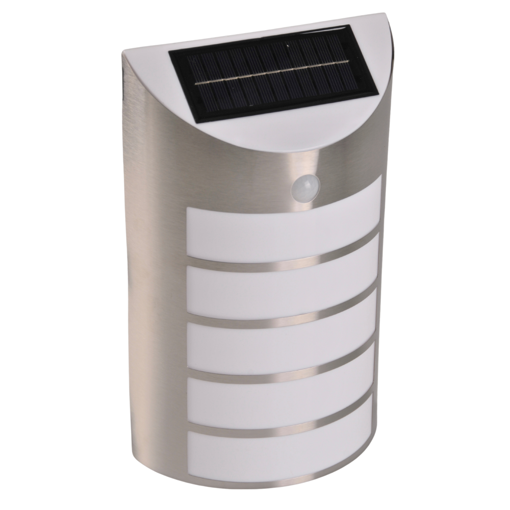 SAFFO chróm/biela 6000K studená LED solárna fasádna lampa so senzorom pohybu GOLDLUX (Polux)