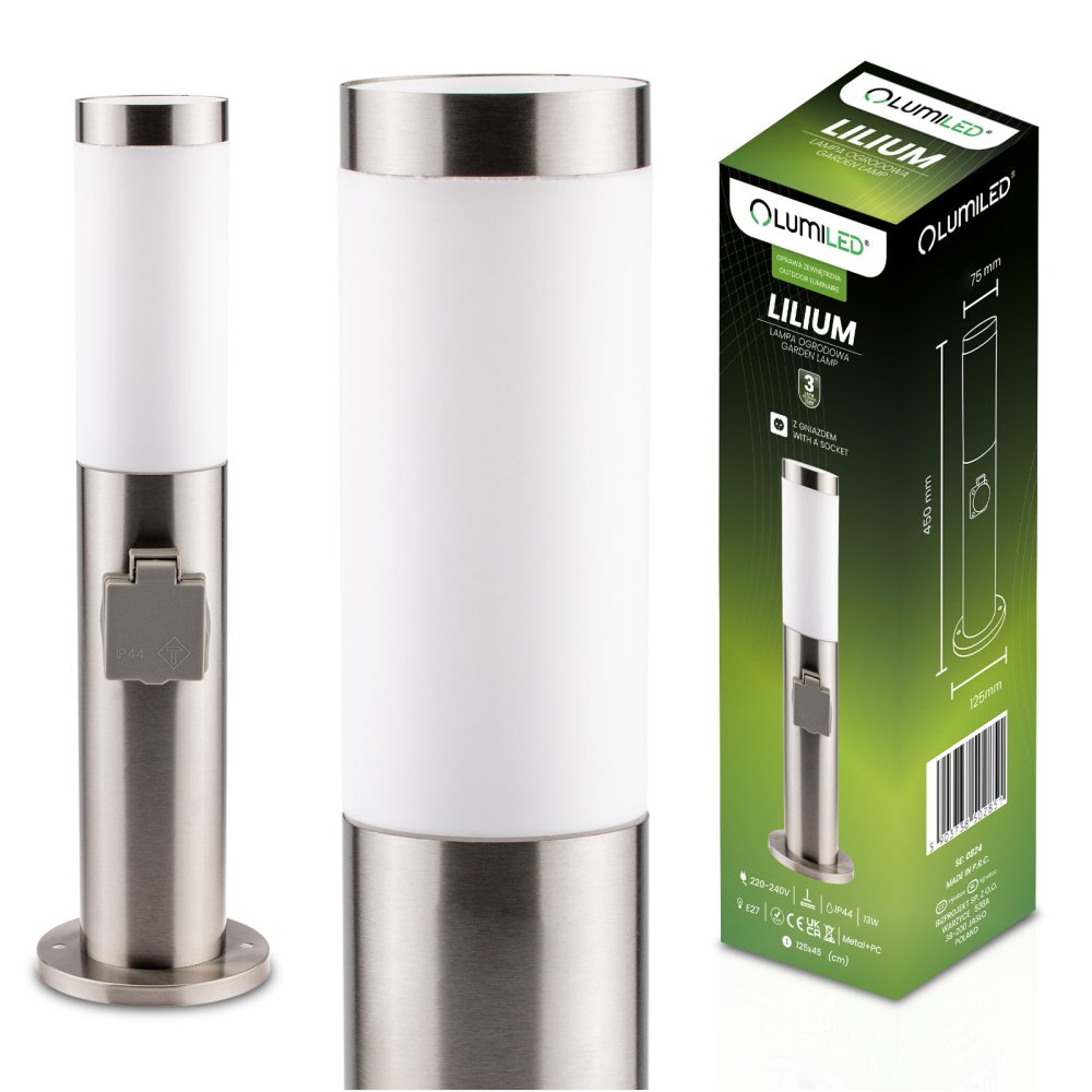 E-shop Vonkajšie záhradné svietidlo E27 INOX PIPE 45cm s 230V zásuvkou Lilium Lumiled