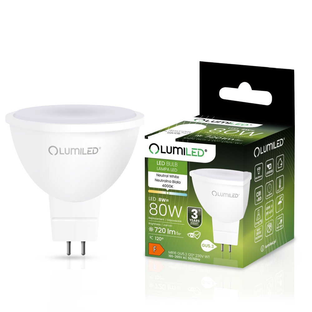 E-shop LED žiarovka GU5.3 MR16 8W = 80W 720lm 4000K Neutrálna 120° LUMILED