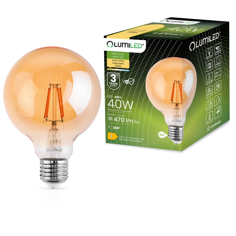 E-shop Dekoratívna LED žiarovka E27 G125 4W = 40W 470lm 2000K teplé 360° vlákno LUMILED Globe Amber