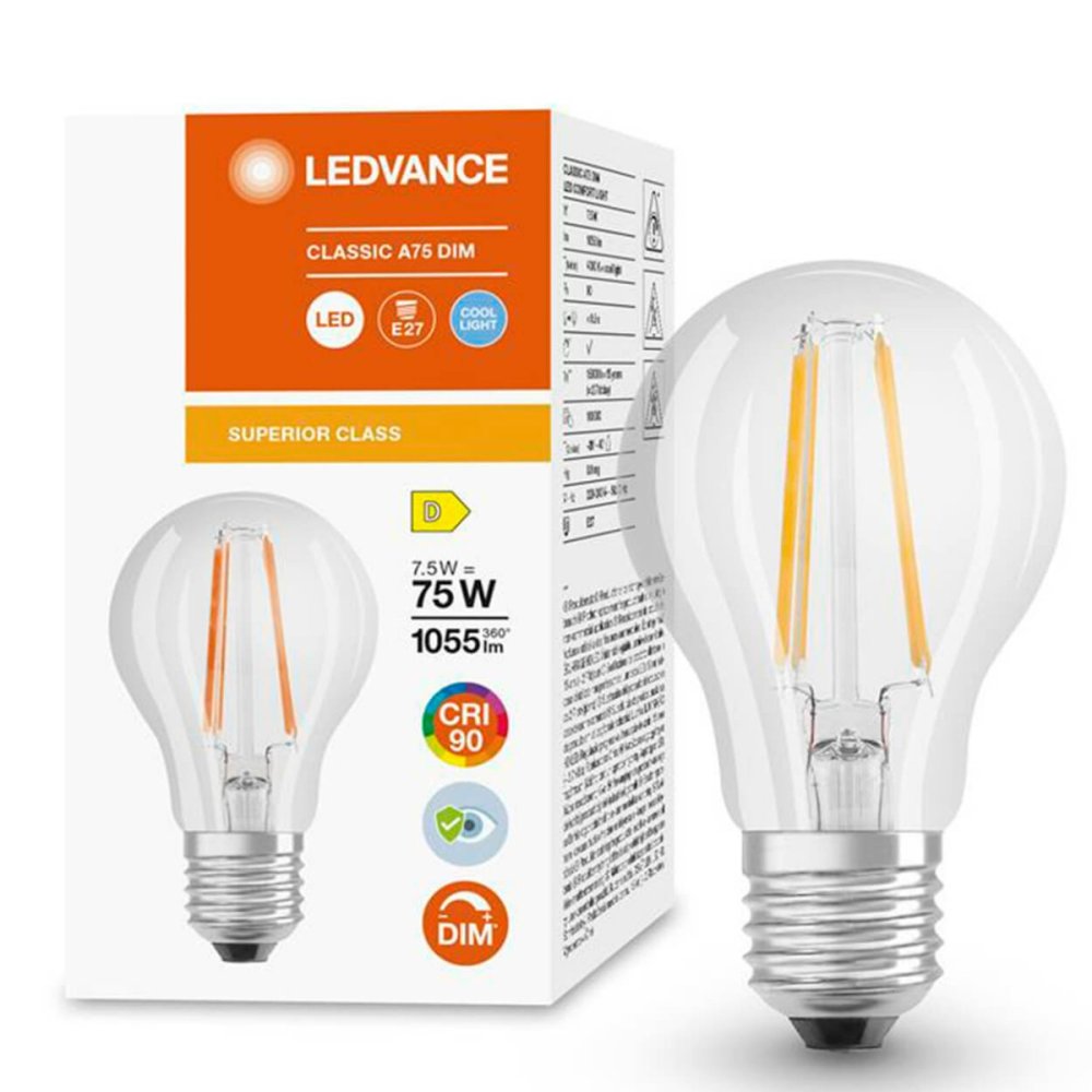 LED žiarovka E27 A60 7,5W = 75W 1055lm 4000K Neutrálne 300° CRI90 Stmievateľné vlákno LEDVANCE Superior