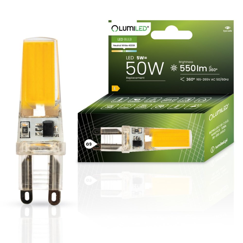 LED žiarovka G9 kapsula 5W = 50W 550lm 4000K Neutrálna 360° LUMILED COB