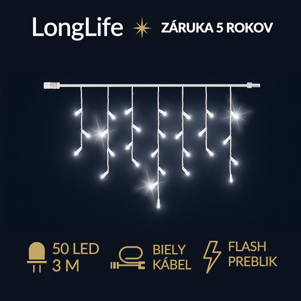 LongLife spojovateľná led svetelná záclona vonkajšia flash - 50led - 3m studená biela / flash prebliknutie studená biela - biely kábel
