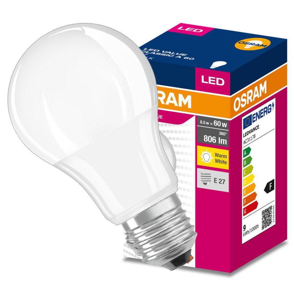 LED žiarovka A60 E27 8W = 60W 806lm 3000K Warm 180° VALUE CLASSIC Osram