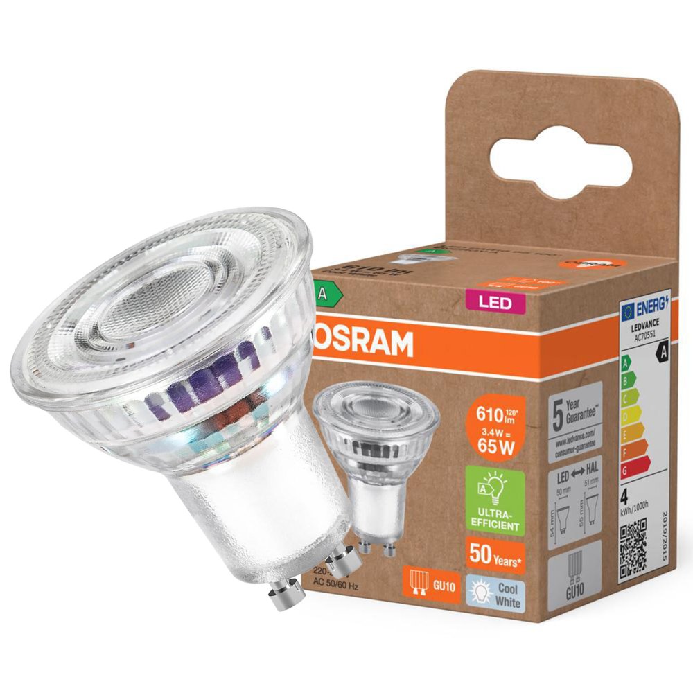 LED PAR16 Reflektor GU10 3,3W = 65W 600lm 4000K Neutrálne 100° 182lm/W ENERGETICKÁ ÚČINNOSŤ Osram