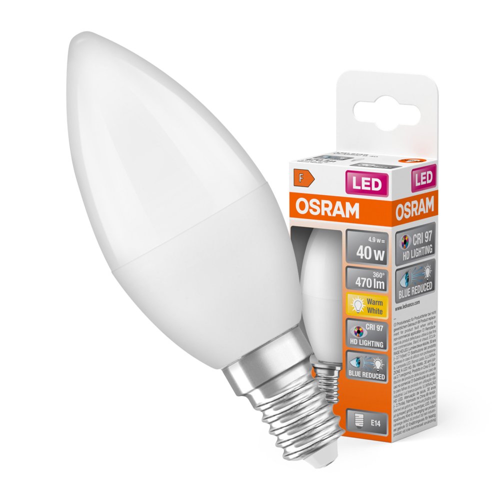 LED žiarovka B37 Candle E14 4,9W = 40W 470lm 2700K Warm CRI>97 200° CLASSIC Osram
