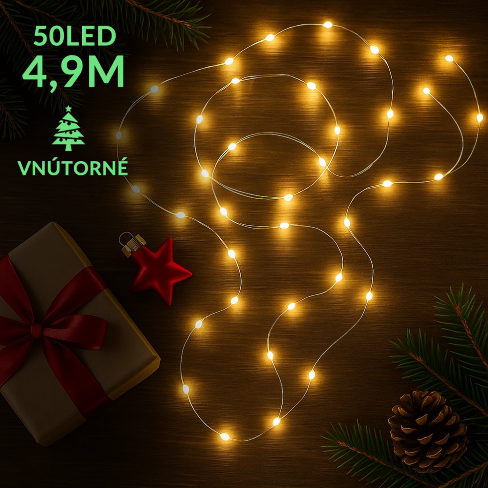 Vianočná led svetelná mikro reťaz vnútorná na batérie - 50led - 4,90m teplá biela