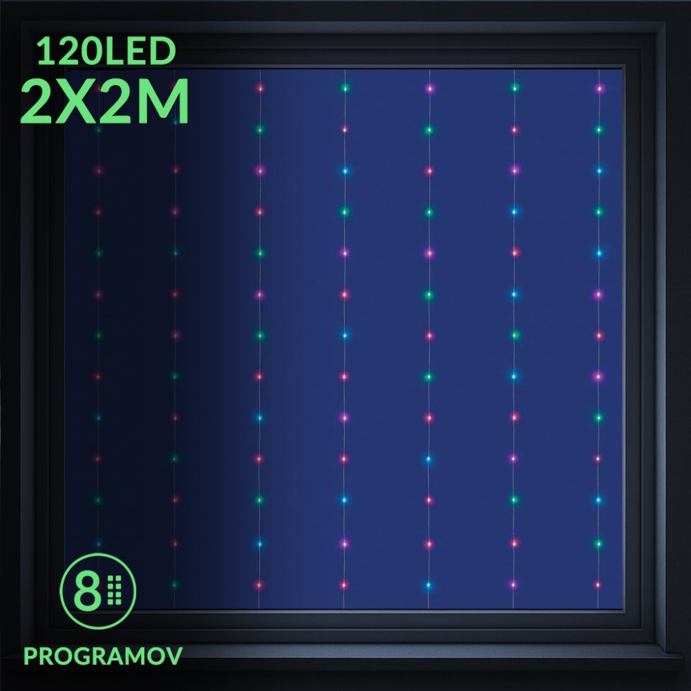 Vianočná mikro led svetelná záclona vonkajšia - SMART - programátor - 120led - 2x2 m - RGB