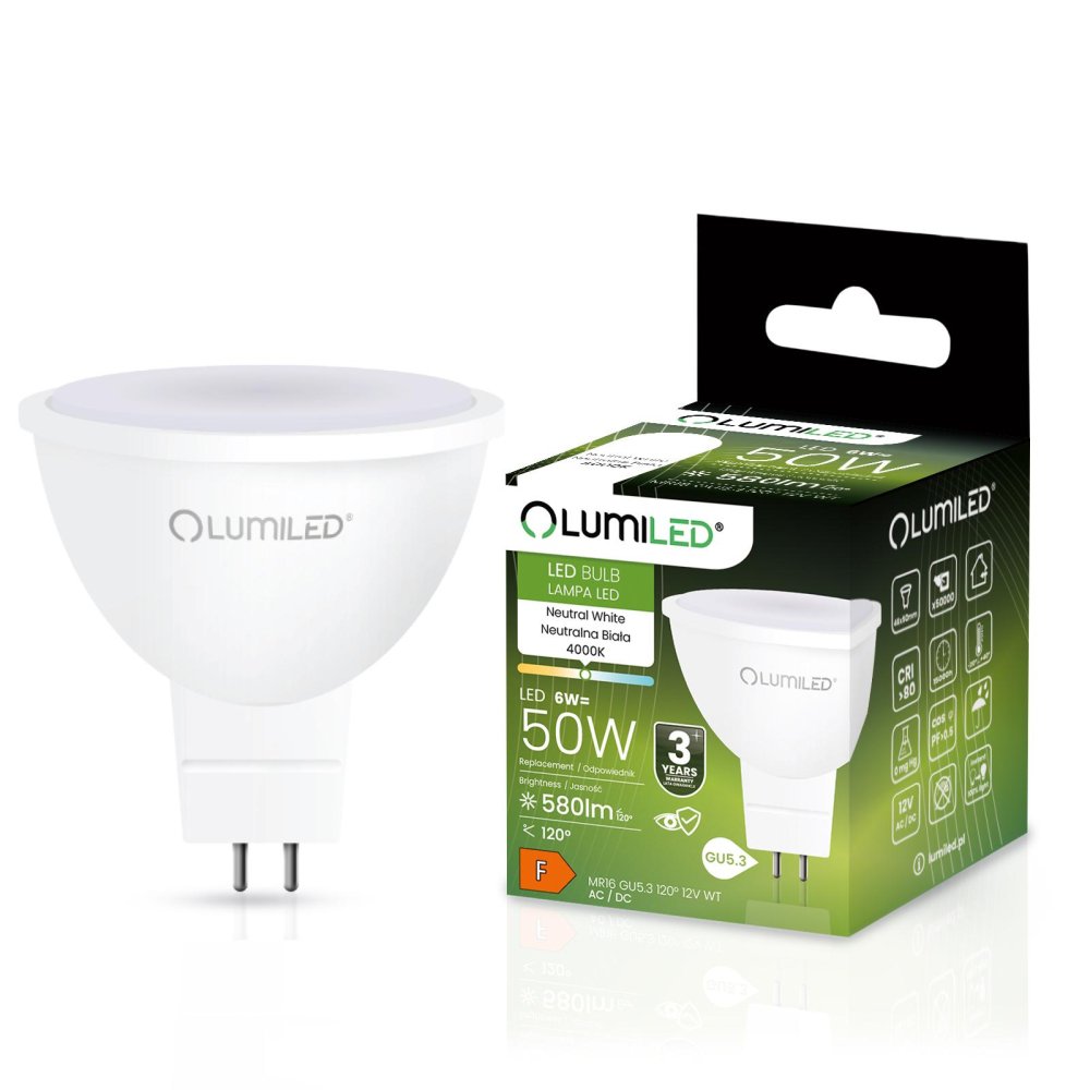 E-shop LED žiarovka GU5.3 MR16 6W = 50W 580lm 4000K Neutrálna 120° 12V AC/DC LUMILED