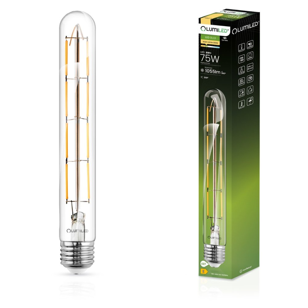 E-shop LED žiarovka E27 T30 8W = 75W 1055lm 3000K Warm 360° Filament LUMILED