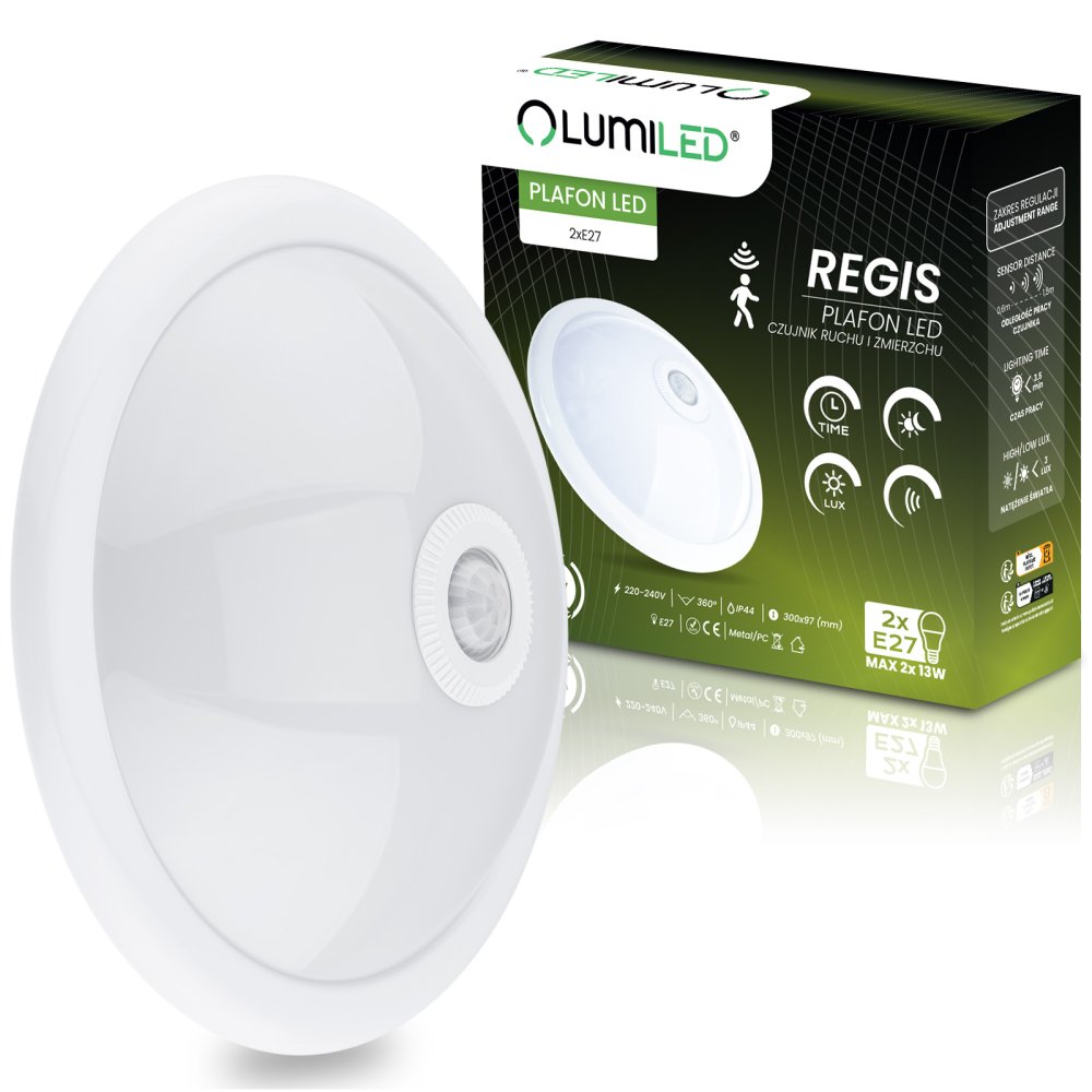 E-shop LED stropné svietidlo REGIS 2x E27 IP44 s pohybovým a súmrakovým senzorom biele okrúhle 30cm LUMILED