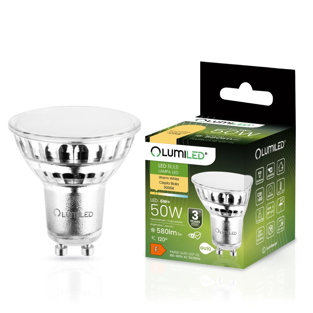 E-shop LED žiarovka GU10 6W = 50W 580lm 3000K Warm 120° Glass LUMILED