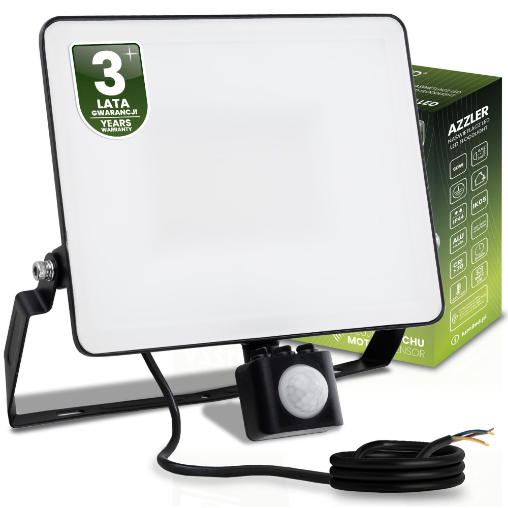 E-shop LED reflektor AZZLER 50W 6000lm 4000K IP44 Halogénová vonkajšia lampa so senzorom pohybu čierna LUMILED