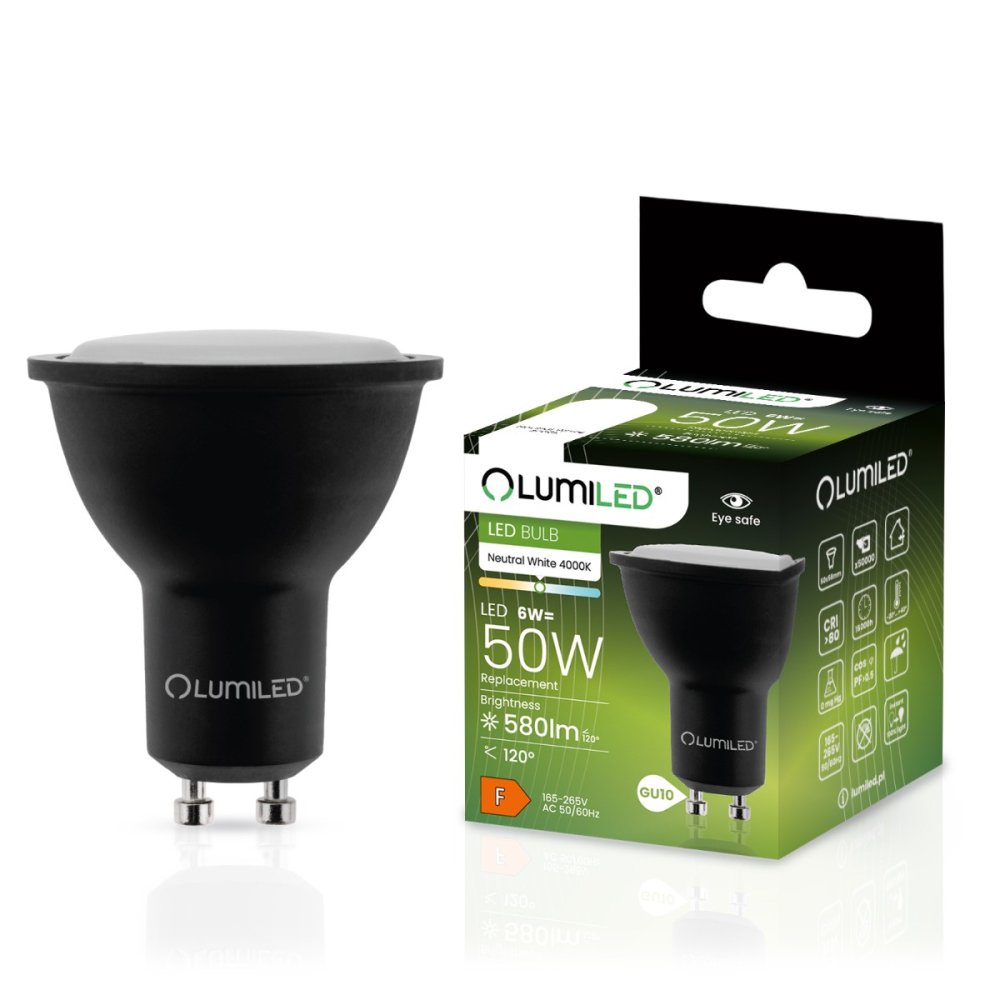 LED žiarovka GU10 6W = 50W 580lm 4000K Neutrálna 120° Čierna LUMILED