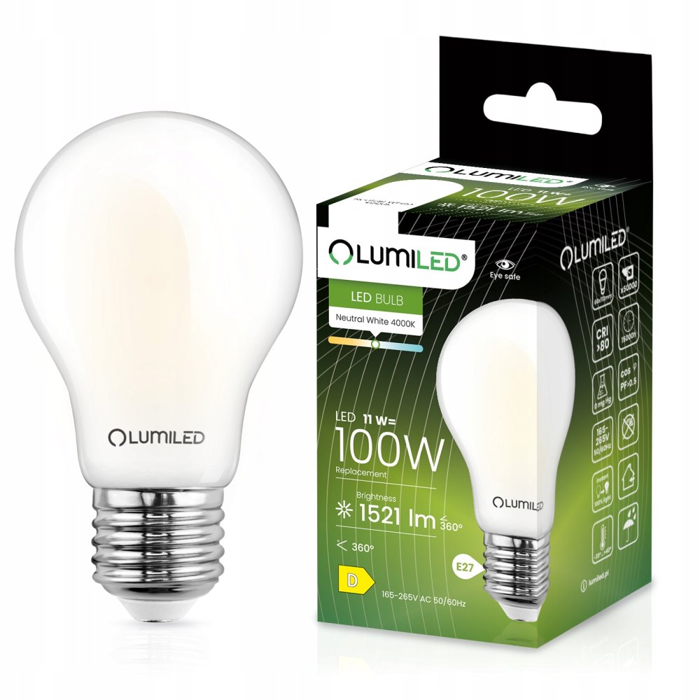 LED žiarovka E27 A60 11W = 100W 1521lm 4000K Neutrálne 360° vlákno Milk LUMILED