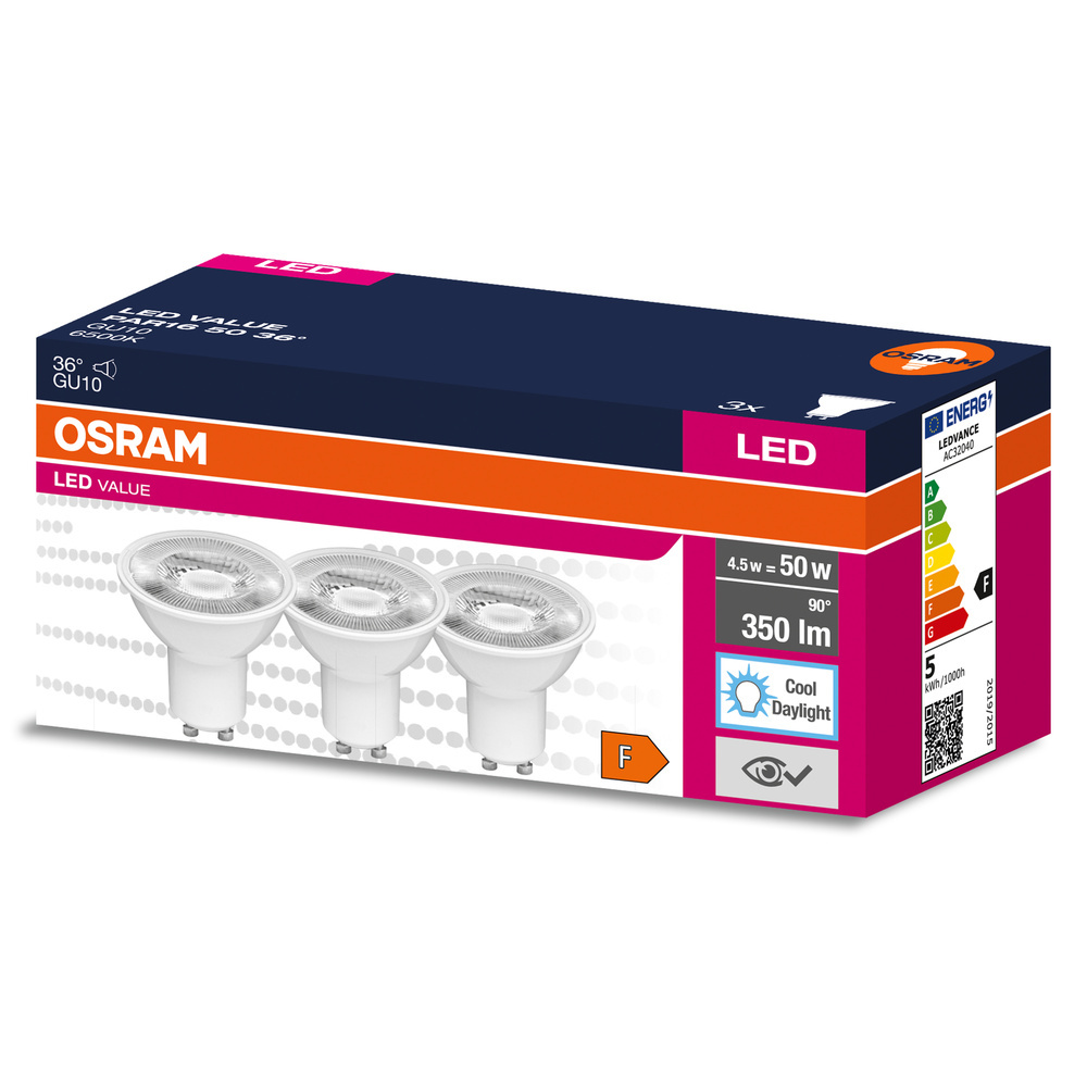 3PAK LED žiarovka GU10 4,5W = 50W 350lm 6500K Cold 36° OSRAM Value