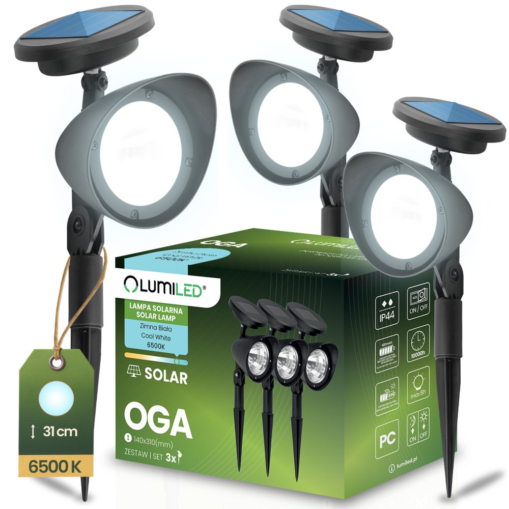 3x LED solárne záhradné bodové svietidlo OGA reflektor IP44 6500K LUMILED