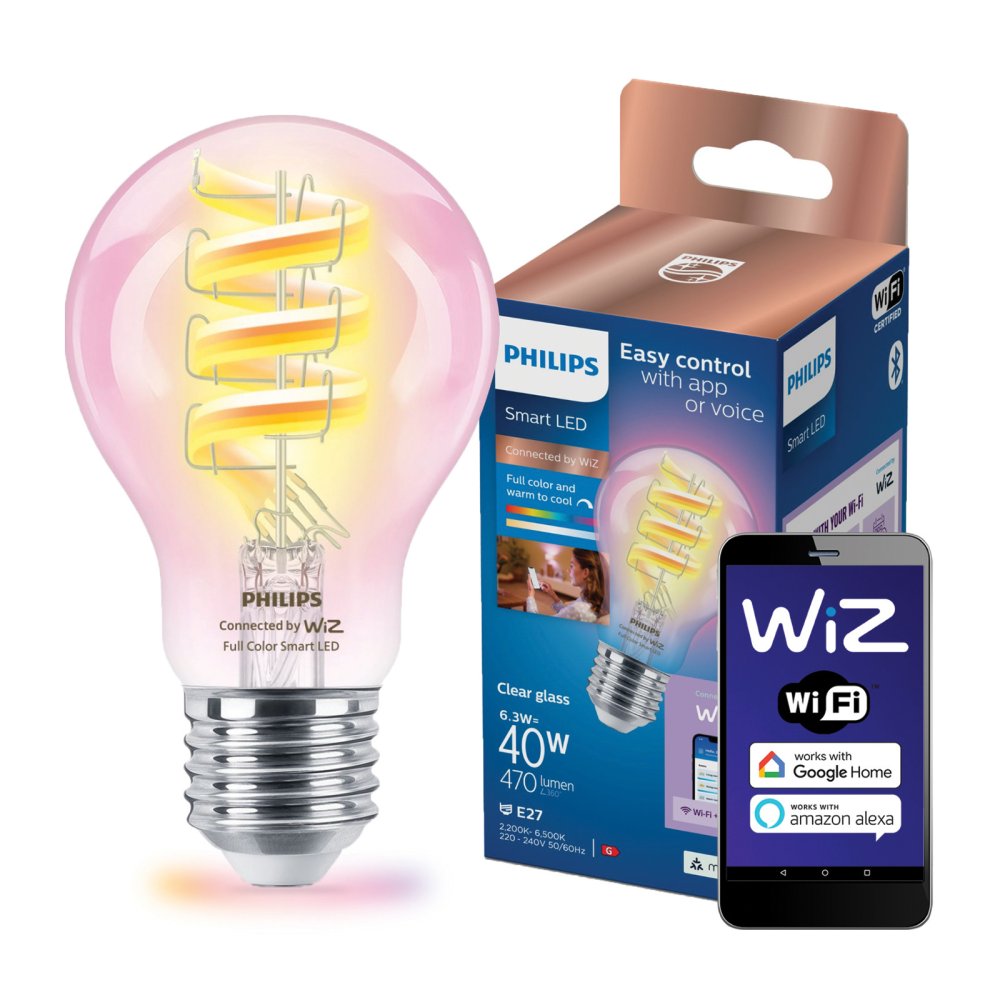 LED žiarovka E27 A60 6,3W = 40W 470lm 2200-6500K RGB + TW FILAMENT Smart SMART WiFi Bluetooth App WiZ Philips