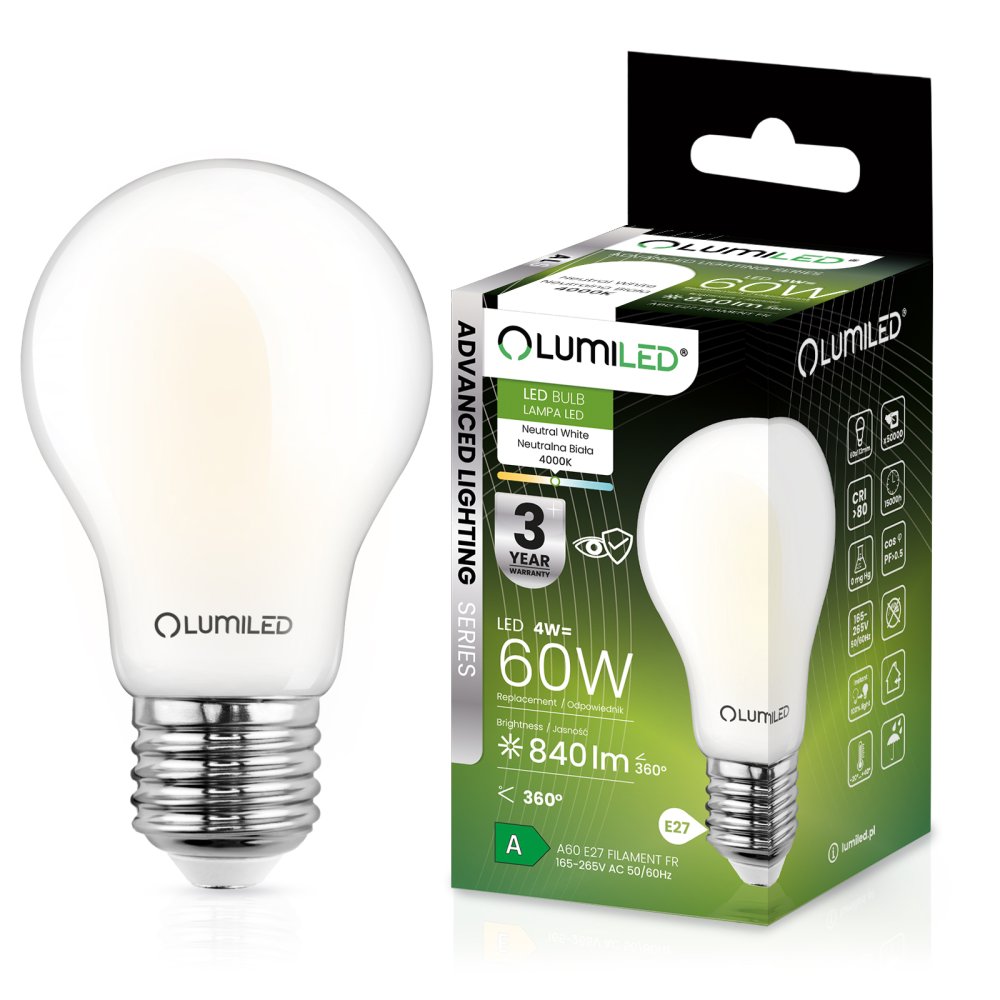 LED žiarovka E27 A60 4W = 60W 840lm 4000lm Neutrálna 360° FILAMENTNÁ ŽIARKA
