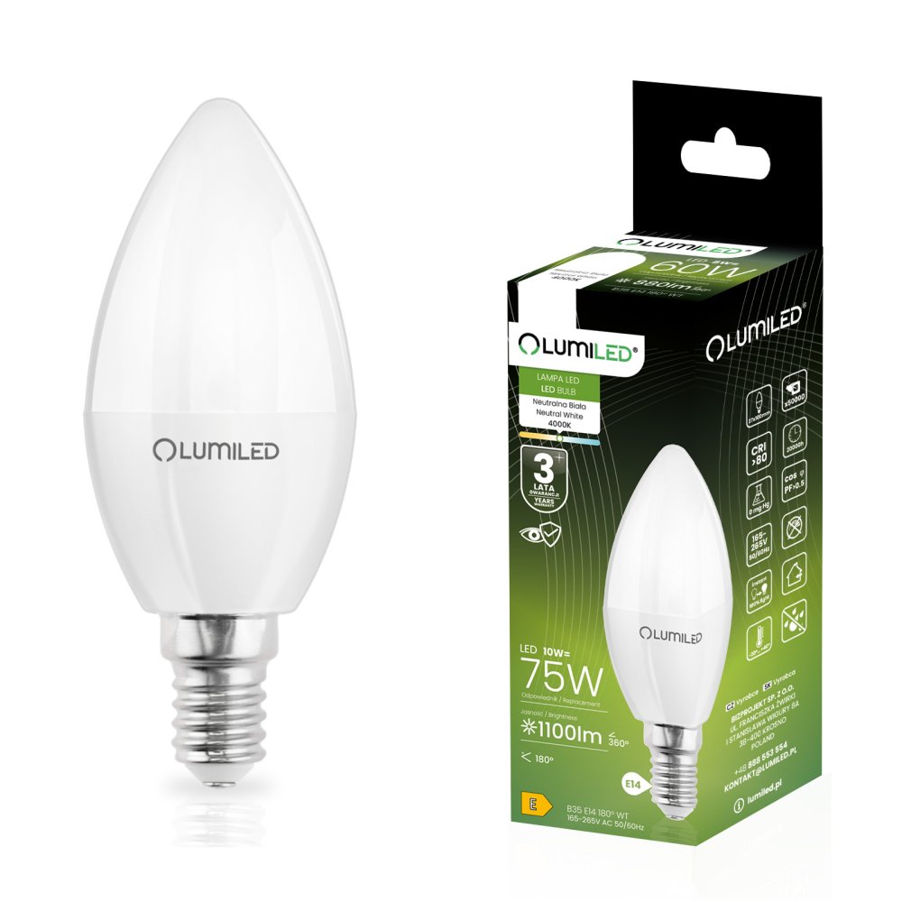 LED žiarovka E14 Candle B35 10W = 75W 1100lm 4000K Neutral 180° LUMILED