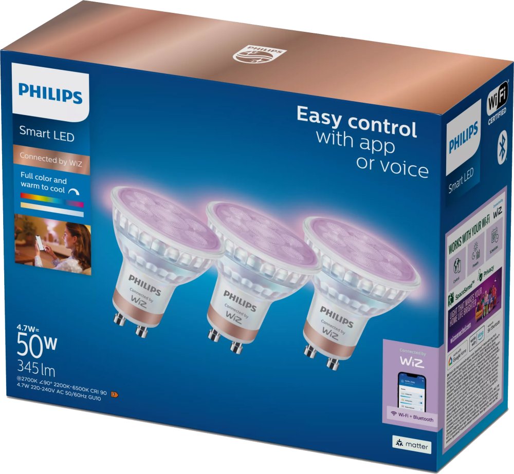 3x LED GU10 Reflector PAR16 4,7W = 50W 345lm 2200-6500K RGB + TW Smart SMART WiFi Bluetooth App WiZ Philips