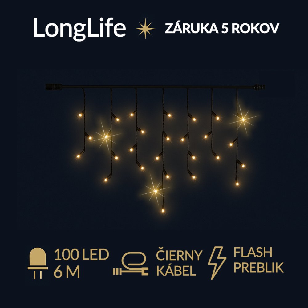LongLife led svetelná záclona vonkajšia flash - 100led - 6m teplá biela / flash prebliknutie teplá biela