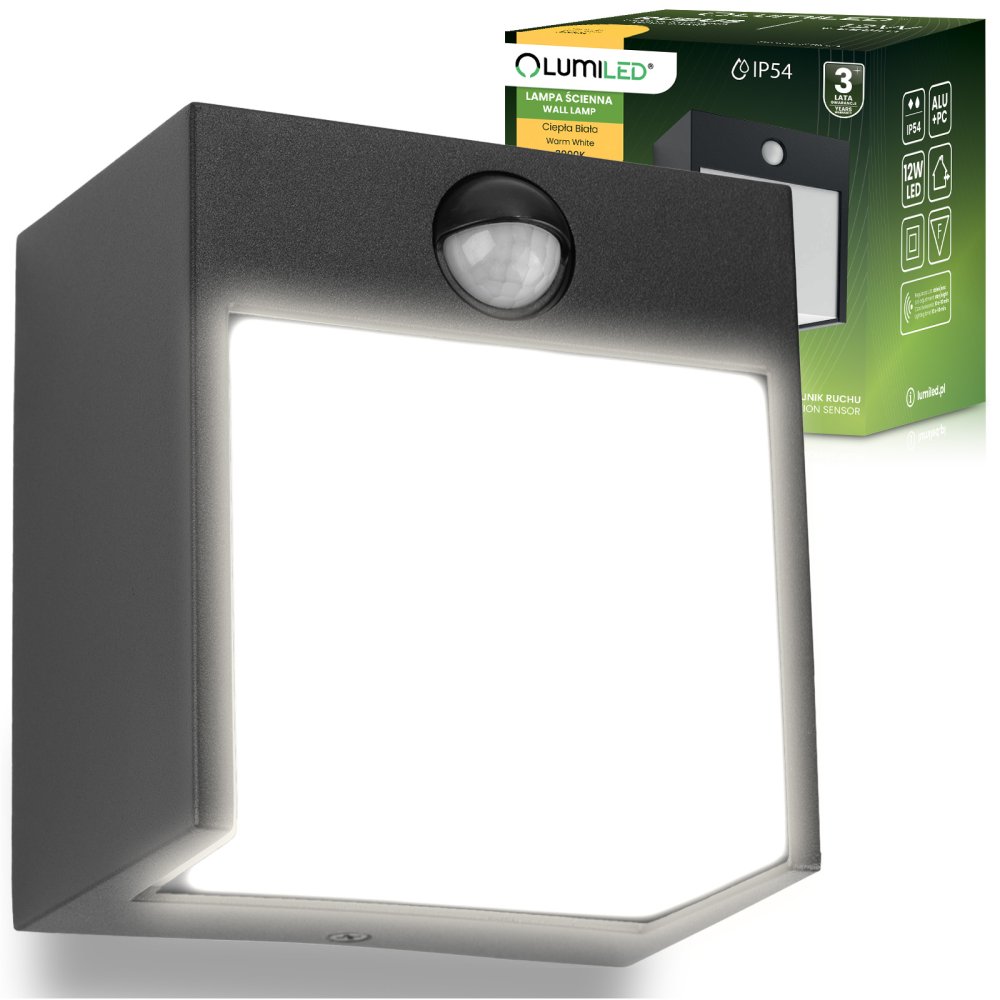 E-shop Záhradná nástenná lampa LED vonkajšie nástenné svietidlo s pohybovým senzorom PIR IP54 12W 3000K RUBUS LUMILED