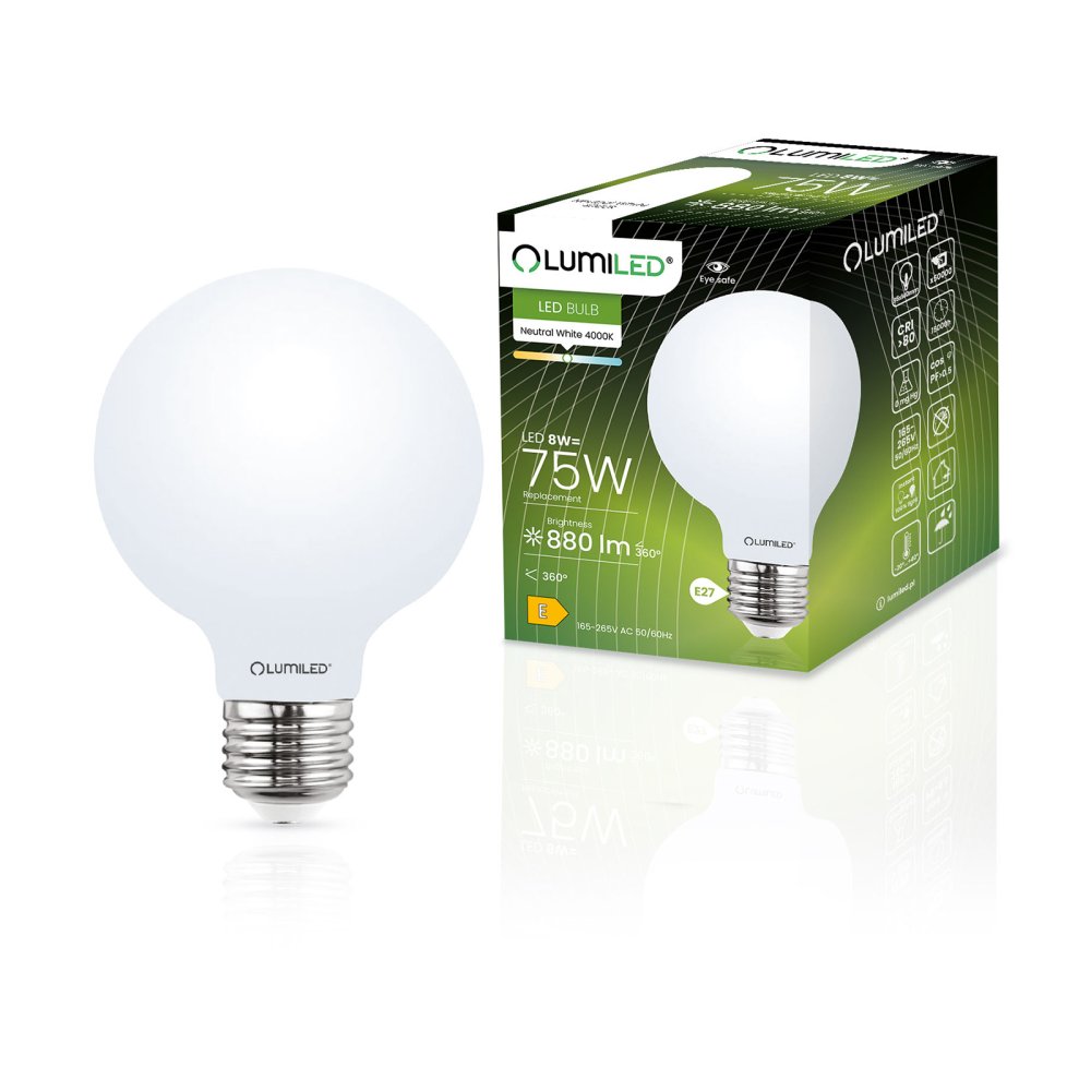 E-shop LED žiarovka E27 guľa G95 8W = 75W 880lm 4000K neutrálna 360° FILAMENT LUMILED