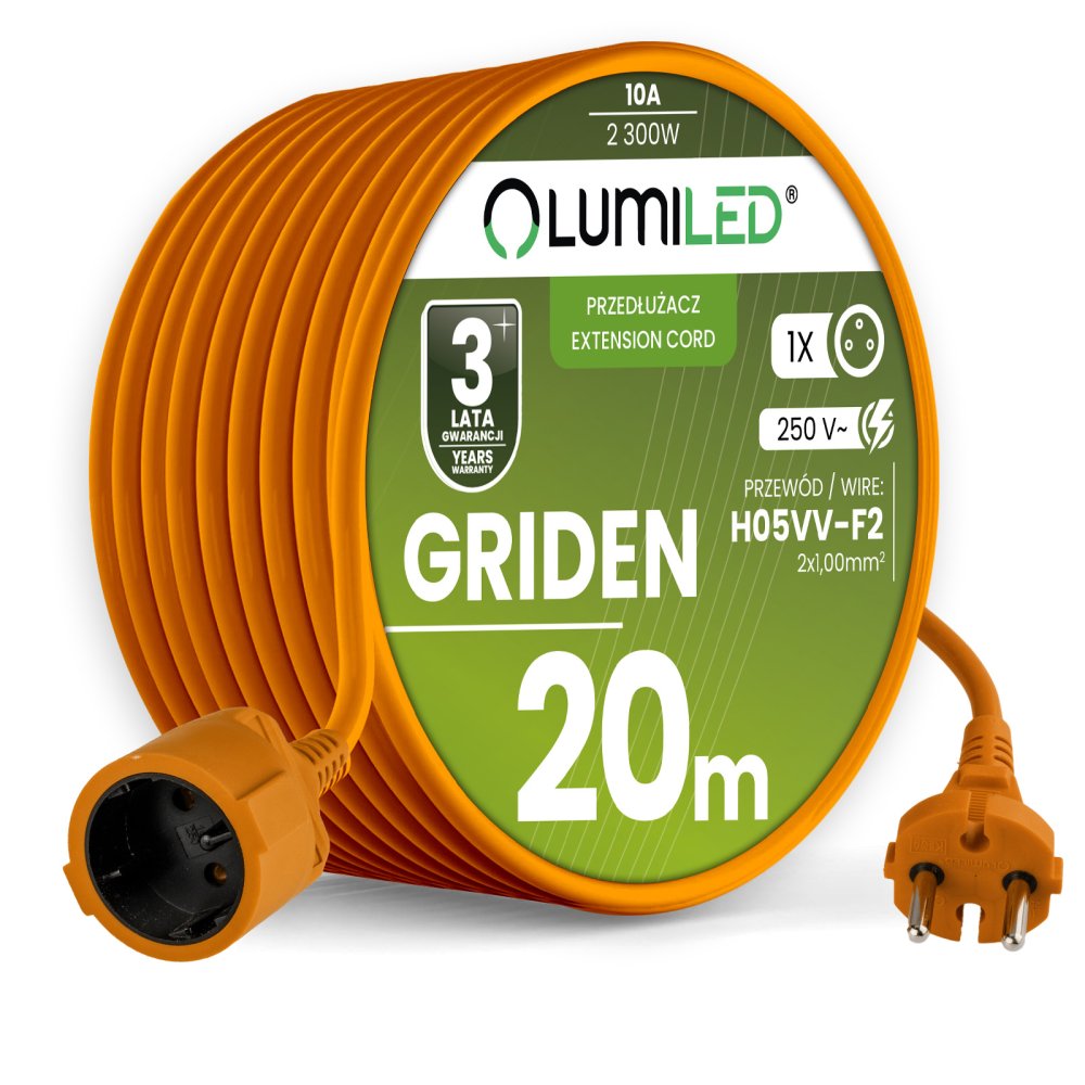 Záhradný predlžovací kábel stavebný jednovýstupový 1 zásuvka 20m oranžový šnúra GRIDEN Lumiled